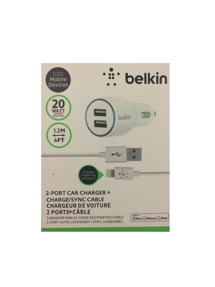 Belkin автомобильное зарядное устройство на 2 выхода с кабелем для IPhone