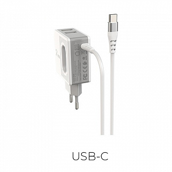 Зарядное устройство BOROFONE BA34 Power essence 2*USB, 2.4A, белый, кабель Type-C