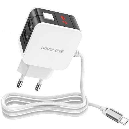 Зарядное устройство BOROFONE BA41A Power lake MicroUSB, 2.4A, белый, цифровой дисплей