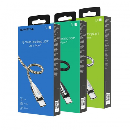 Кабель Borofone BU3 BlinkJet, USB - USB Type-C, 1.2 м, серебристый