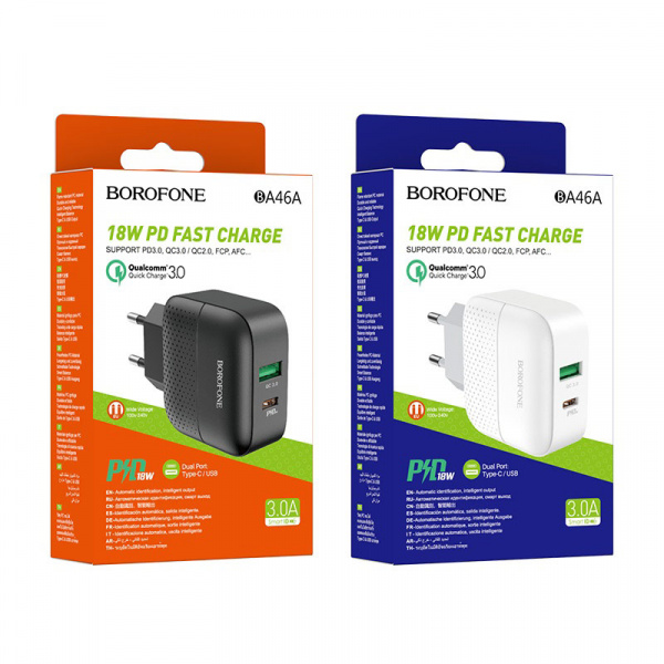 Зарядное устройство BOROFONE BA46A Premium, 3A, черный, два порта: USB/Type-C