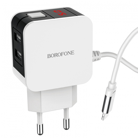 Зарядное устройство BOROFONE BA41A Power lake Lightning, 2.4A, белый, цифровой дисплей