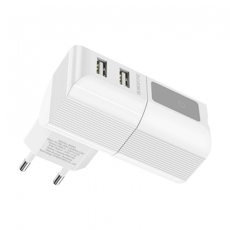 Зарядное устройство BOROFONE BA44A Sage USB, 2.1A, белый, два порта