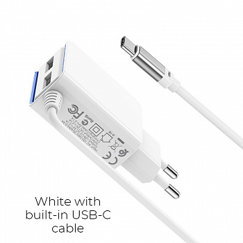Зарядное устройство BOROFONE BA35A Brilliant 2*USB, 2.1A, белый, кабель Type-C