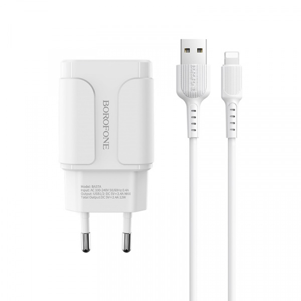 Зарядное устройство BOROFONE BA37A Speedy 2*USB, 2.4A, белый, кабель Lightning