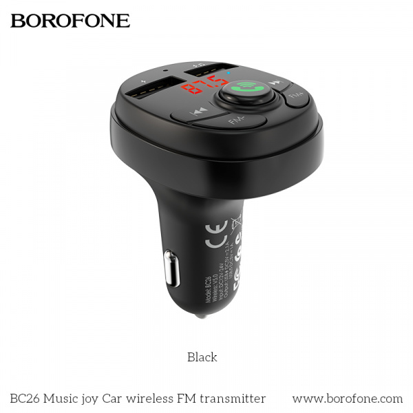 Автомобильное зарядное устройство BOROFONE BC26 Music joy 2*USB, 2.1A, черный, FM-передатчик,FM/SD