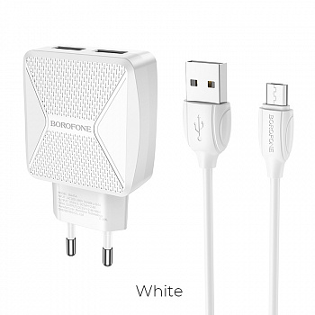 Зарядное устройство BOROFONE BA45A Max micro USB, 2.4A, белый, кабель BX19 Huiyi