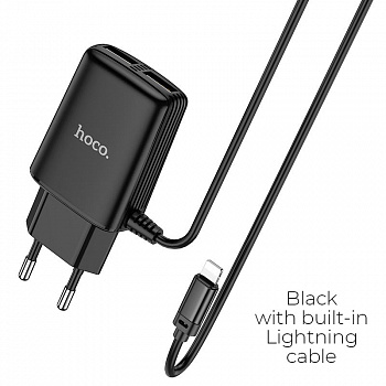 Зарядное устройство HOCO C82A Real, 2.4A, черный, кабель Lightning