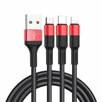 Кабель 3 в 1 Hoco X26, lightning, micro USB, USB Type-C, черно-красный