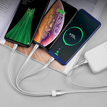 Кабель 3 в 1 Hoco U57, lightning, micro USB, USB Type-C, белый 1.2 м