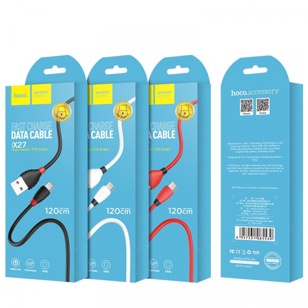 Кабель Hoco X27 Excellent, USB - USB Type-C, 1.2 м, красный