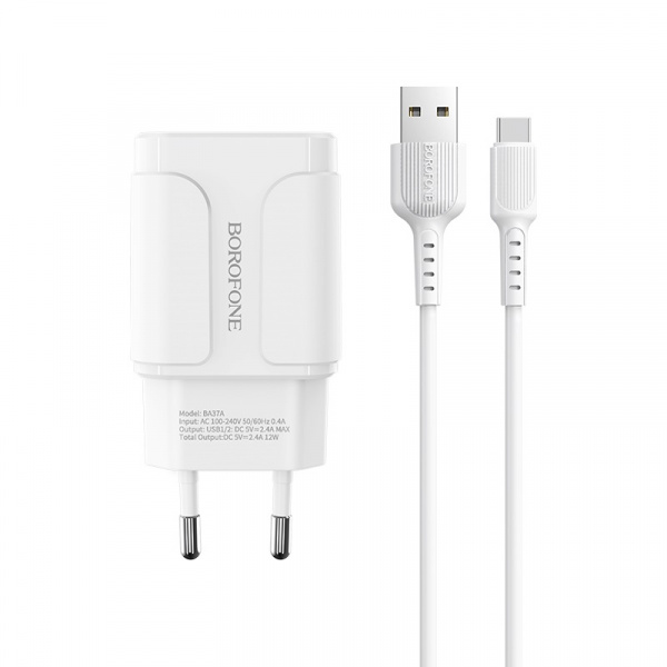 Зарядное устройство BOROFONE BA37A Speedy 2*USB, 2.4A, белый, кабель Type-C