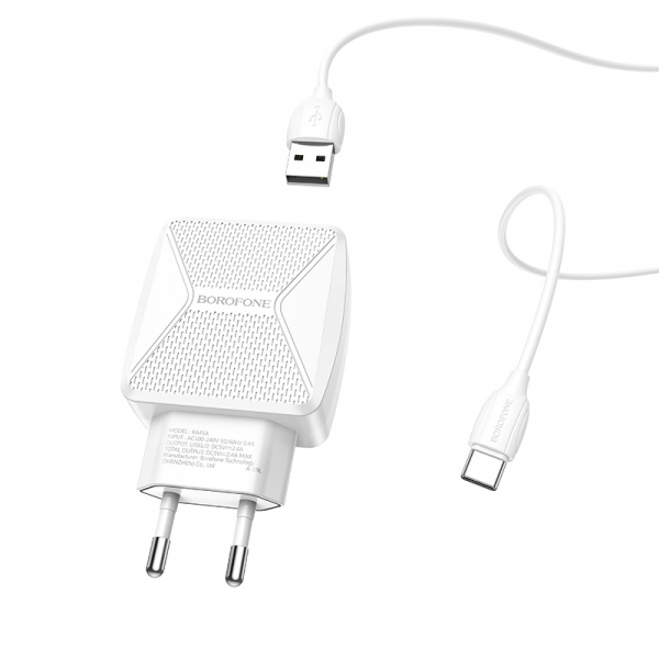 Зарядное устройство BOROFONE BA45A Max Type-C, 2.4A, белый, кабель BX19 Huiyi