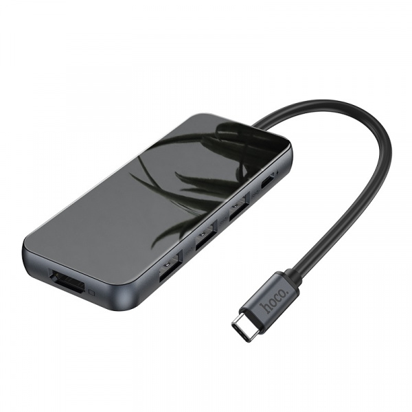 Переходник HOCO HB15 Easy Show, Type-C - 3xUSB3.0+ HDMI+PD, серый металлик