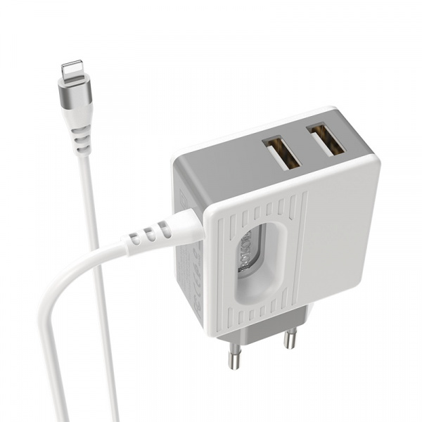 Зарядное устройство BOROFONE BA34 Power essence 2*USB, 2.4A, белый, кабель Lightning