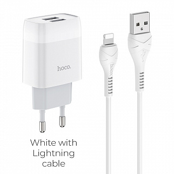 Зарядное устройство HOCO C73A Glorious, 2.4A, белый, кабель Lightning